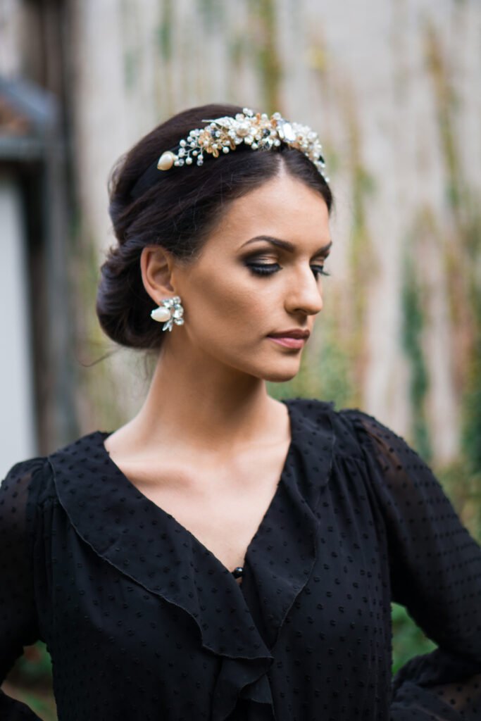 Earrings and headband that perfectly match with black dress, suggestion for light wedding jewelry 